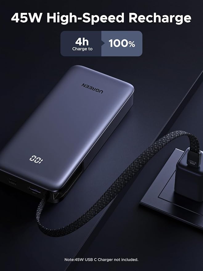 UGREEN Nexode Power Bank 20000mAh 45W with Built-in Cable, Fast Charging Portable Charger for iPhone 17 Pro/Samsung S26 Ultra/iPad Pro, 3-Port External Battery Pack with Digital Display, Travel Ready