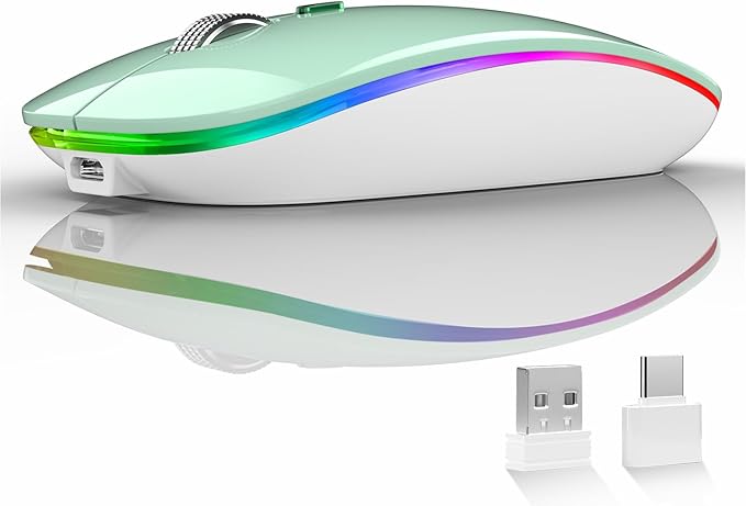 Uiosmuph LED Wireless Mouse, G12 Slim Rechargeable Silent Mouse, 2.4G Portable USB Optical Wireless Computer Mice with USB Receiver and Type C Adapter (Mint Green)