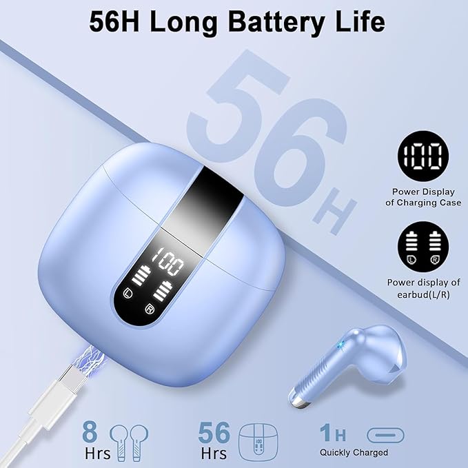 Wireless Earbuds, Bluetooth Headphones V5.4 Stereo Bass Ear Buds with ENC Noise Cancelling Mics,56H Bluetooth Earbuds with LED Display Charging Case, IP7 Waterproof Earphones for Android iOS【Mini】
