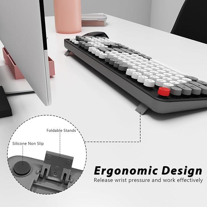 Wireless Keyboard and Mouse, KOOTOP Cute Keyboard and Mouse, 2.4G Wireless Keyboard with Retro Round Keycap for PC, Mac, Laptop,Tablet,Computer Windows (Grey)