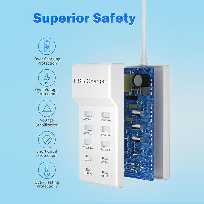 USB C Fast Charger, 10-Port Portable Charging Station, Suitable for Various Devices, Compatible with iPhone, iPad, Samsung, Google, Xiaomi, Huawei and Other USB Charging Devices