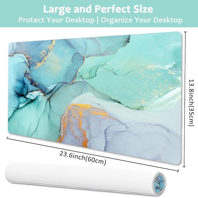 Large Desk Mat, Dual Side PU Leather Waterproof Mousepad Desk Pad, Desk Protector Writing Pads Desk Accessories for Office and Home (B-Green Marble, 24''X14'')