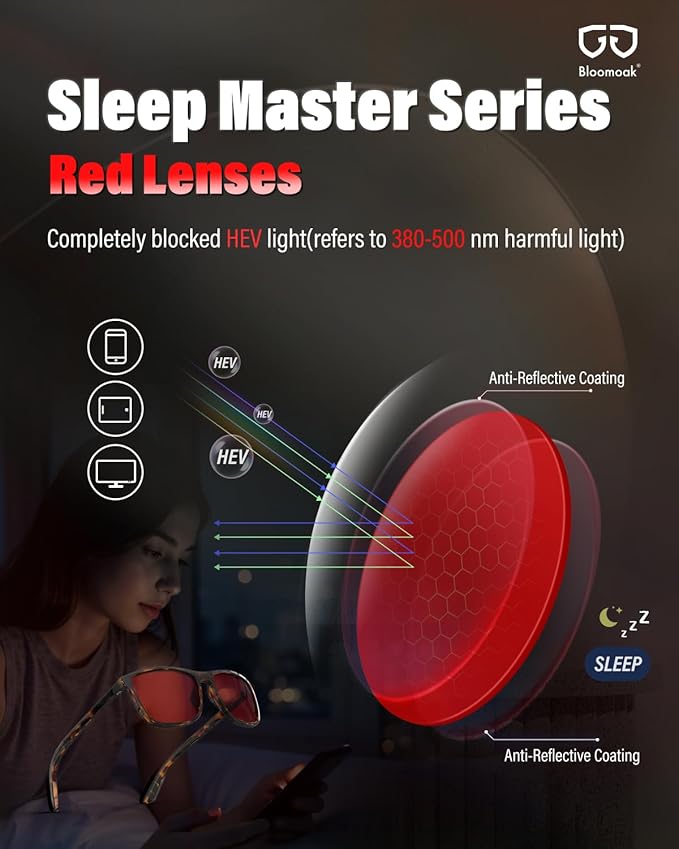 Bloomoak 100% Red Lens Blue Green Light Blocking Glasses- Dual AR Coatings Sleep Glasses Before Bed - Anti Glare, Fatigue