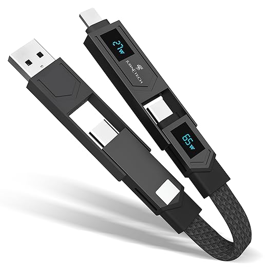 Magnetic 4 in 1 Multi Charging Cable with LED Display, Portable Keychain Charger, Lightning/Type C/USB A/USB C Ports for iPhone iPad Mac AirPods Samsung Google, (65W) Black MFI Certified