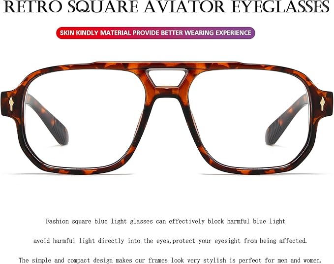 PORADAY Blue Light Blocking Glasses for Women Men 70s Retro Square Aviator Eyeglasses Rectangle Computer Eyewear
