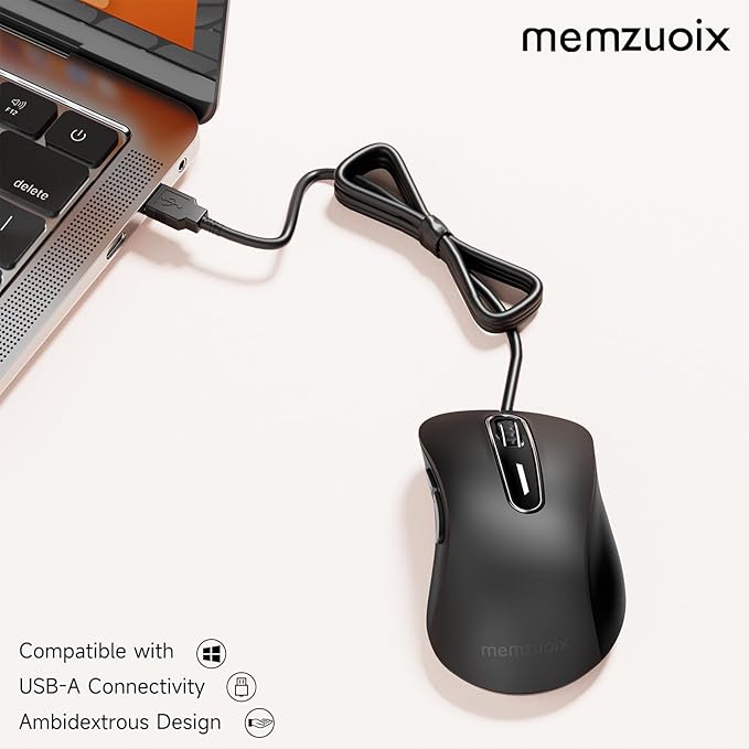 memzuoix Wired Mouse, USB Computer Mouse 1400 DPI Mobile Optical Mouse Ergonomic Design Computer Mice with 5FT Cord for Laptop, PC, Desktop, MacBook, 5 Buttons (Black)