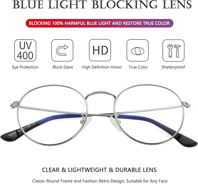 AIEYEZO Blue Light Glasses for Women Men Fashion Retro Circle Wire Frames Eyeglasses Anti-Blue Light Computer Gaming Glasses