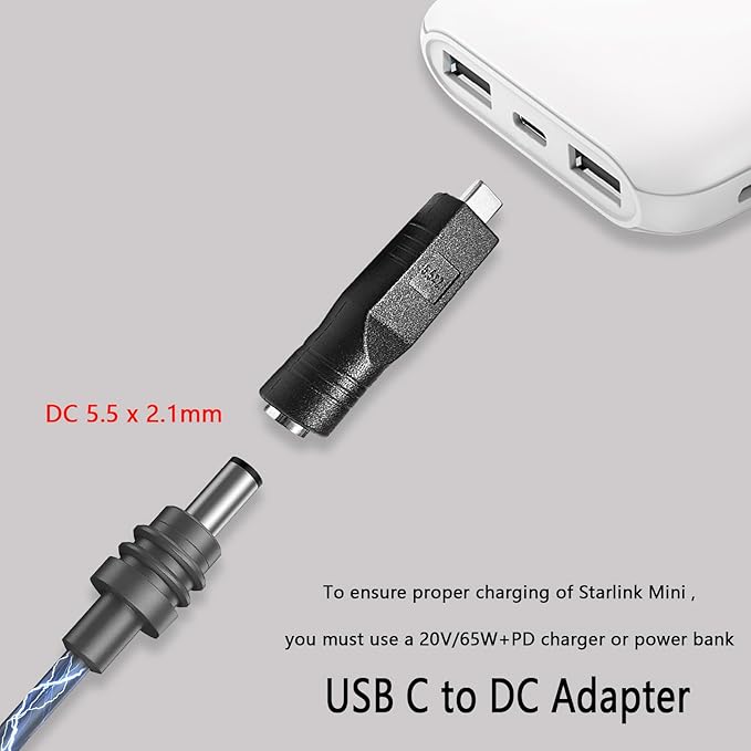 USB C Adapter Replacement for Starlink Mini, USB C Male to DC 5.5 x 2.1mm Female Power Cable Work with 20V/65W Power Bank or PD Charger