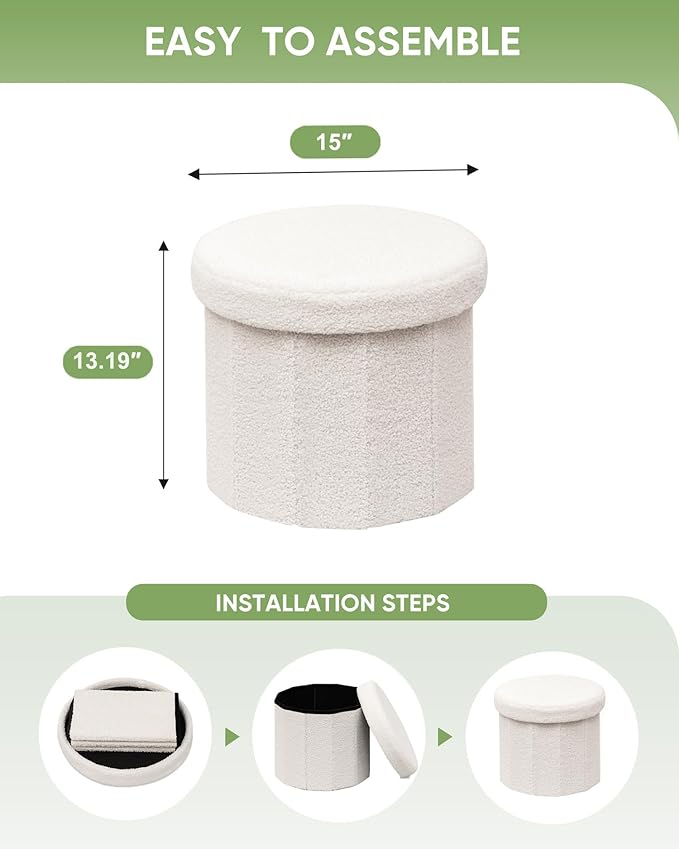 B FSOBEIIALEO Storage Ottoman Cube, Round Ottomans with Storage Foot Stool Footrest for Lving Room, Boucle Ottoman Seat for Dorm Room,Faux Teddy Fur, White 15"x15"x13.19"