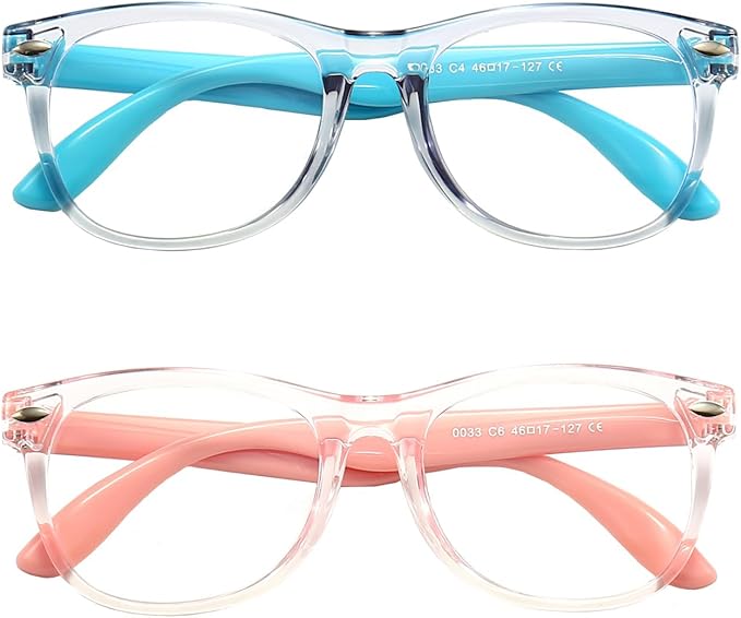 FANNYGO 2 Pack kids Blue Light Blocking Glasses For Girls And Boys Computer Blue Light Blocking Glasses For Age 3-11 (Light blue + Light pink)