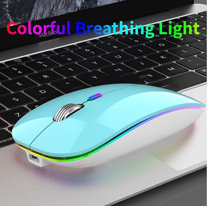 Uiosmuph LED Wireless Mouse, G12 Slim Rechargeable Silent Mouse, 2.4G Portable USB Optical Wireless Computer Mice with USB Receiver and Type C Adapter (Blue)