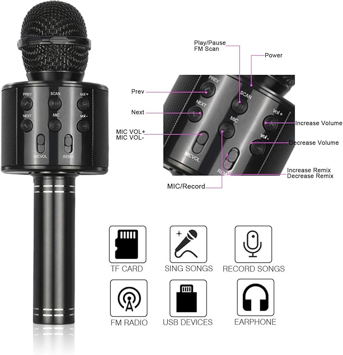 Best Gifts for Kids, Wireless Karaoke Microphone Bluetooth for Birthday Gifts for 4-12 Year Old Girls Boys for Girls Age 4-12 Christmas Xmas Stocking - Black