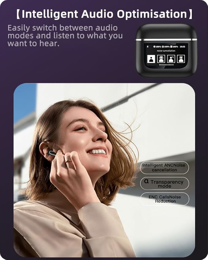 Acuvar Wireless Earbuds Bluetooth Headphones with LED Display, Stereo in Ear Noise Canceling Waterproof USB-C Headphones with Mic for iPhone Android iOS (Black)