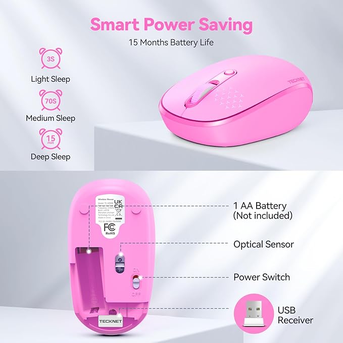 TECKNET Wireless Mouse for Laptop, 2.4G Quiet Computer Mouse with USB Receiver, 4 Buttons Portable Cordless Mice for Chromebook, Laptop, PC, Mac, 800/1200/1600 DPI
