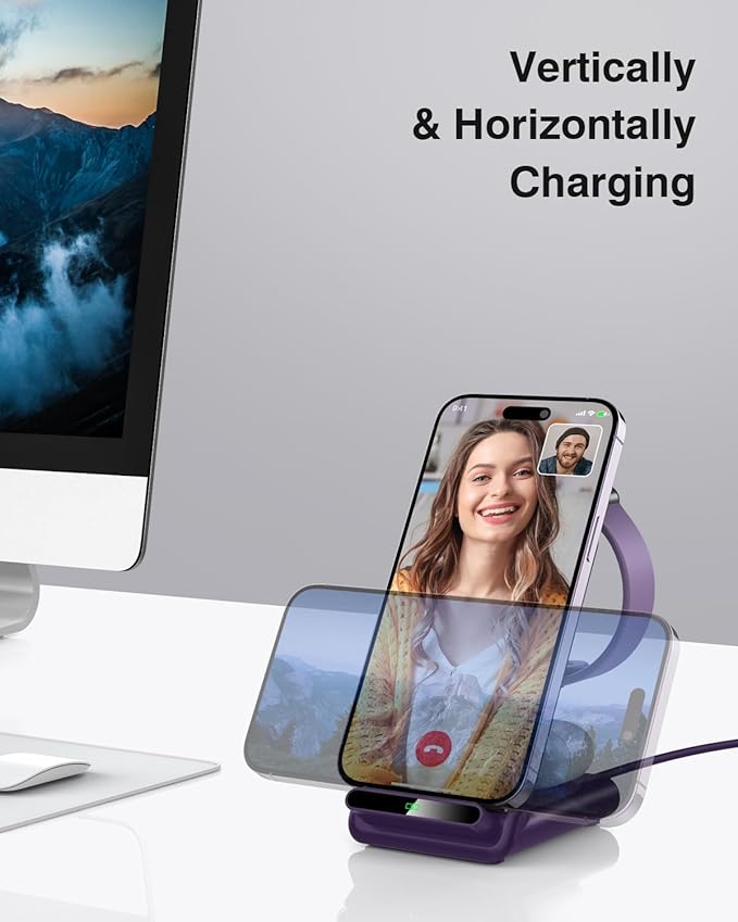 Wireless Charging Station,3 in 1 Charging Stand Made for Apple Watch Ultra 11 10 9 8 7 6 SE 5 4 3,Fast Wireless Charger Made for iPhone 17/Air/16/15/14/13/12,for AirPods Pro 3(with Adapter) (Purple)