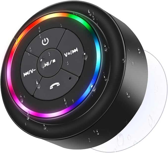 Bluetooth Shower Speaker, Portable Bluetooth Speakers with Suction Cup, IP67 Waterproof Speaker with LED Light, Wireless, Floating, for Camping Beach Travel, Gift for Men, Women