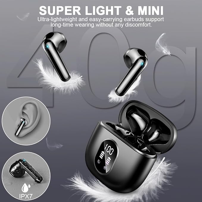 Wireless Earbuds, Bluetooth 5.3 Headphones in Ear 50H Playback Hi-Fi Stereo Ear Buds 4 ENC Mics, Bluetooth Earbud LED Display Charging Case 2024 Wireless Earphones IP7 Waterproof Sport for Android iOS