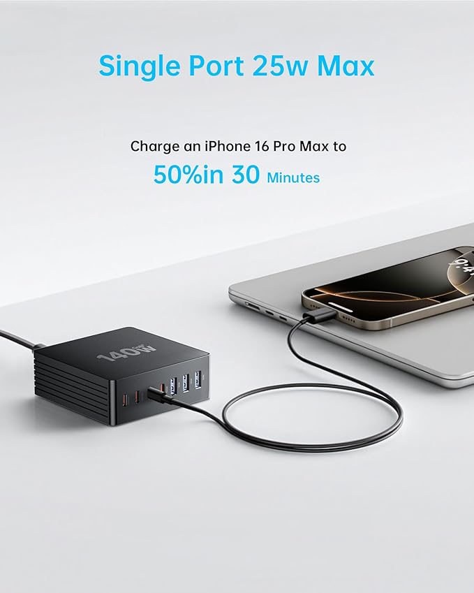 USB C Charging Station, 140W GaN III 7 Port Fast Charger Station, PD 3.0 USB Charging Station for Multiple Devices, USB Charging Hub, Multiple USB C Charger Station for iPad iPhone Samsung Android