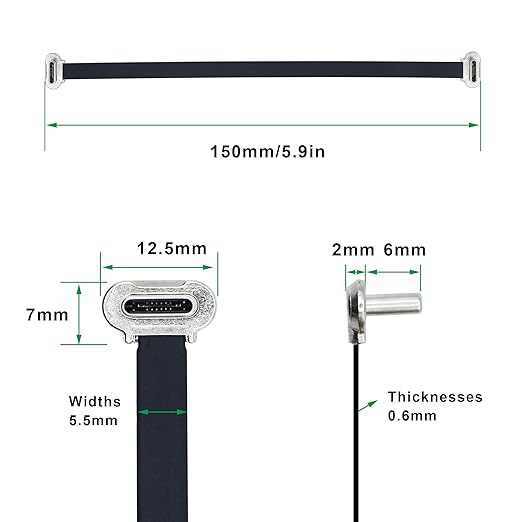 Right Angle USB C Short Flat Cable Dual Angle USB C Male to Male PD 65W Fast Charge Data Cord for Power Banks Phone Tablet(150mm/59in)