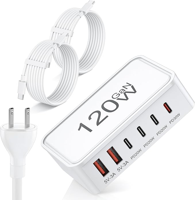 USB C Charger Block, 120W GaN 6-Port Charging Station, 30W Fixed PD Port Type C Charger Fast Charging for iPhone 17/16/15/14, iPad, Galaxy, Pixel, Power Adapter Hub for Travel Home Office
