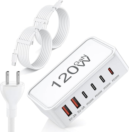 USB C Charger Block, 120W GaN 6-Port Charging Station, 30W Fixed PD Port Type C Charger Fast Charging for iPhone 17/16/15/14, iPad, Galaxy, Pixel, Power Adapter Hub for Travel Home Office