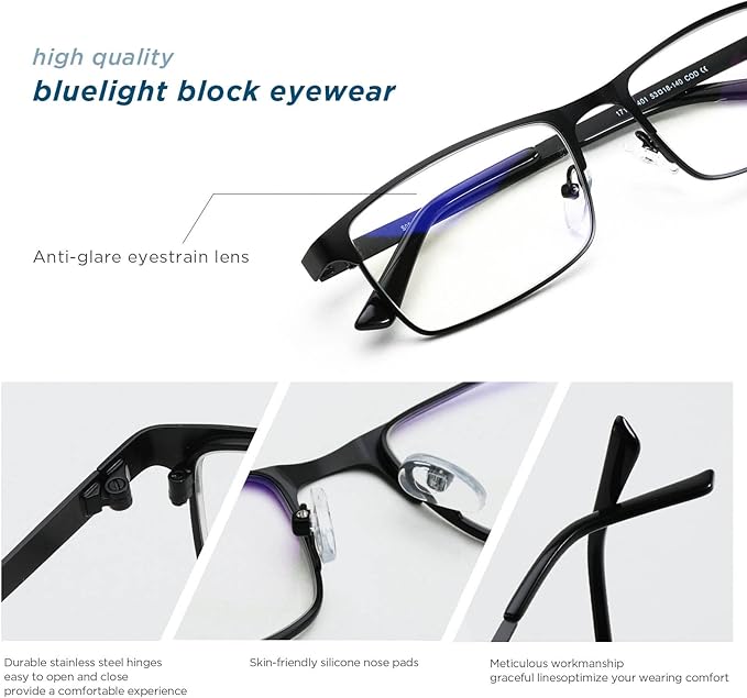 JOO'RTI Blue light glasses for men, Metal Frame Gaming Computer Glasses Fake Glasses