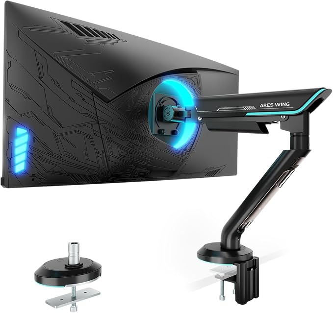 ARES WING Single Monitor Mount, Heavy-Duty Gaming Monitor Arm fits for 24"-57" Ultrawide Screen, Adjustable Computer Monitor Stand Holds Up to 60LBS with VESA Mount, Clamp & Grommet, Black