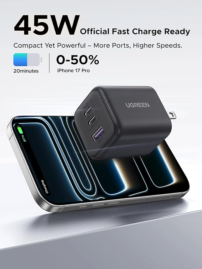UGREEN 45W USB C GaN Charger for iPhone 17, PPS 3 Port Super Fast Charger Block for iPhone 17/16/15 Pro Max, Galaxy S26/S25/S24 Ultra, Pixel, iPad, MacBook Neo/Air and More Series, Matte Black