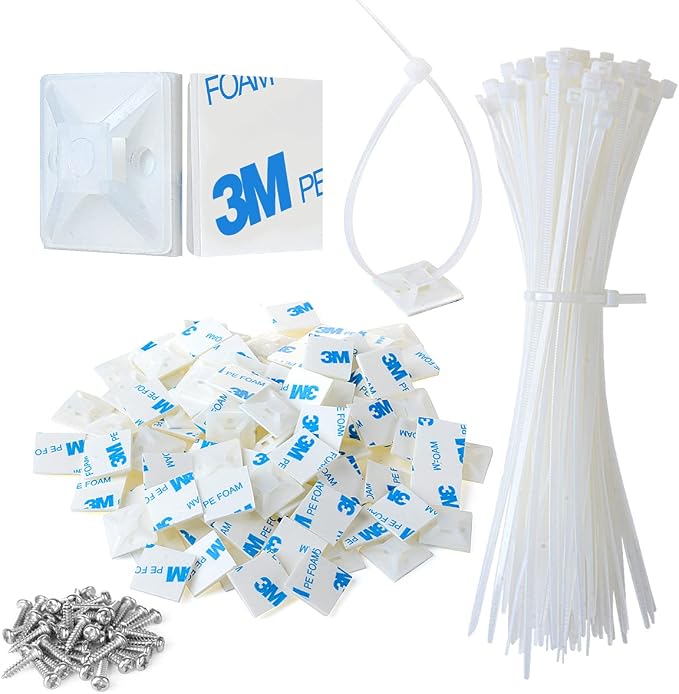 3/4" Strong Back-Glue Self Adhesive White Cable Zip Tie Mounts 100pcs with 8" Ties, Screws, Outdoor Sticky Wire Fasteners Cable Clips Management Anchors Organizer Holders Squares by XHF