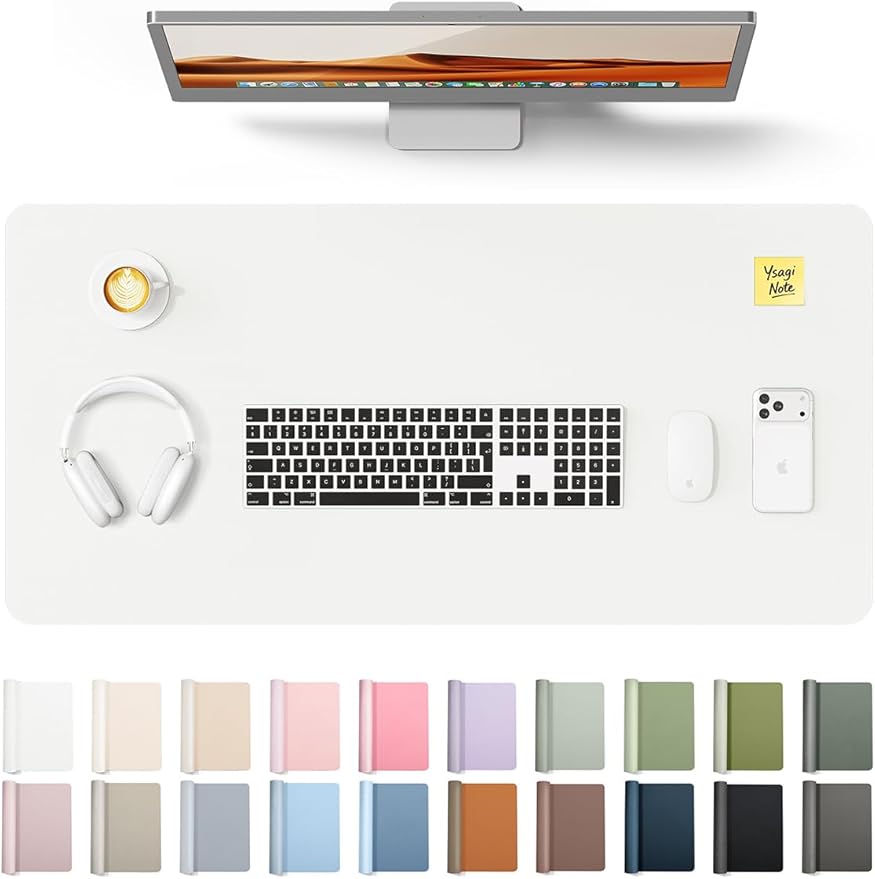 YSAGi Leather Desk Protector, Office Mat, Large Mouse Mat, Non-Slip PU Leather Blotter, Laptop Desk, Waterproof Writing Pad for Office and Home (White, 31.5" x 15.8")