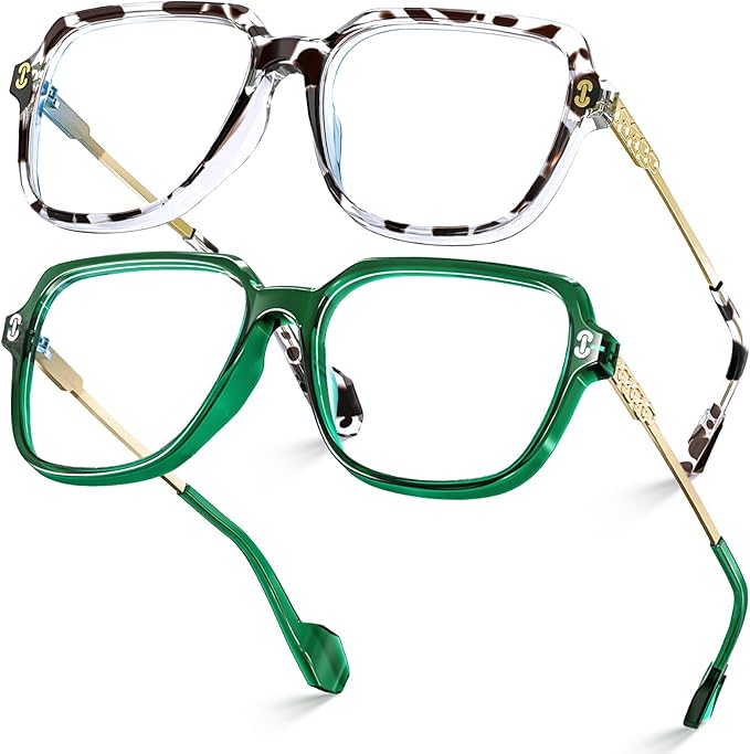 VISOONE 2 Pack Oversized Blue Light Blocking Glasses with Chic Square TR90 Frame and Metal Temple for Women Men REMY