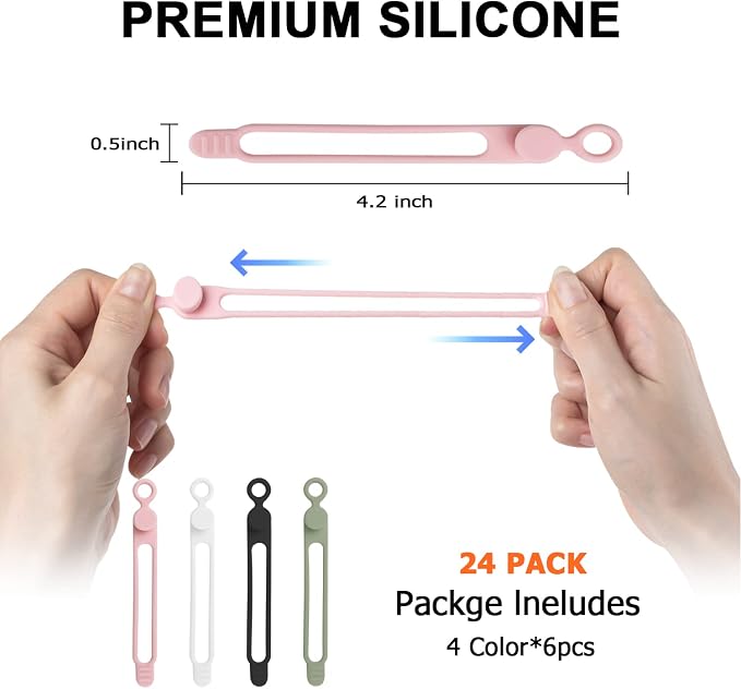 Nearockle 24Pcs Silicone Cable Straps Cord Organizer for Bundling Earphone, Phone Charger, Computer Cords, Reusable Cable Ties Wire Organizer in Home,Office,Kitchen,School (4 Colors) - Image 2