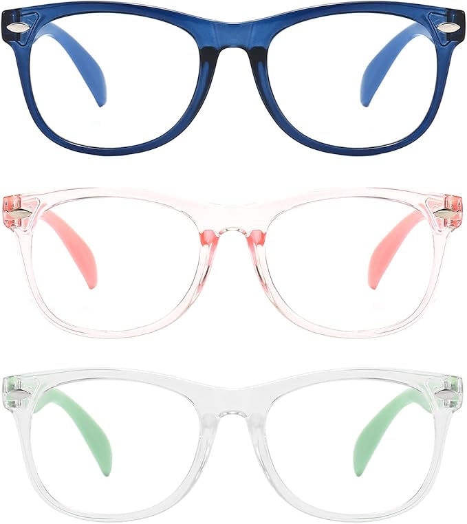 FANNYGO 3 Pack kids Blue Light Blocking Glasses For Girls And Boys Computer Blue Light Blocking Glasses For Age 3-9 (Dark blue + Light pink +Light green)