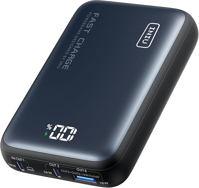 INIU Power Bank, 20000mAh 65W USB C Laptop Portable Charger, PD QC Fast Charging 3-Output External Battery Pack for Laptop MacBook Dell XPS iPad Tablet Steam Deck iPhone 15 14 13 Pro Samsung S22, etc.