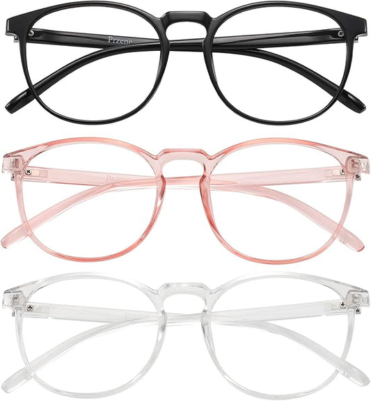 Przene 3 Pack Blue Light Blocking Glasses Women/Men,Retro Round Computer Glasses Anti Eye Strain/UV/Glare, Gaming Glasses. (Black/Crystal/Pink)
