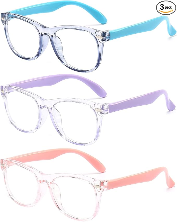 FANNYGO 3 Pack kids Blue Light Blocking Glasses for girls boys Computer Blue Light Blocking Glasses For Age 3-9 (Light blue + Light purple + Light pink)