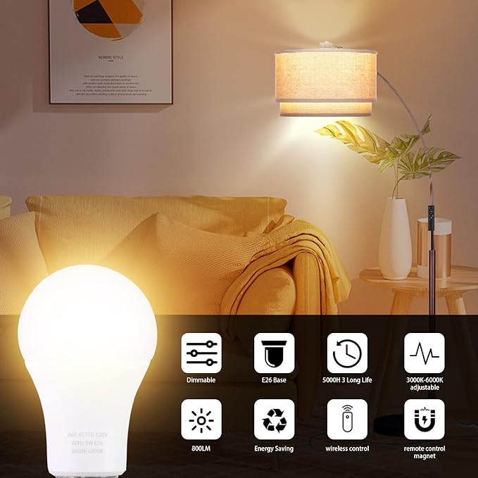 A19 LED Light Bulbs with Remote Control, 800LM 9W (60W Equivalent) Bulbs,Stepless Dimmable 3000K-6000K,E26 Base,CRI 80+,2.4GHz,25000+ Hours Lifespan,Light Bulb for Home Decor,3Bulb & 1Remote