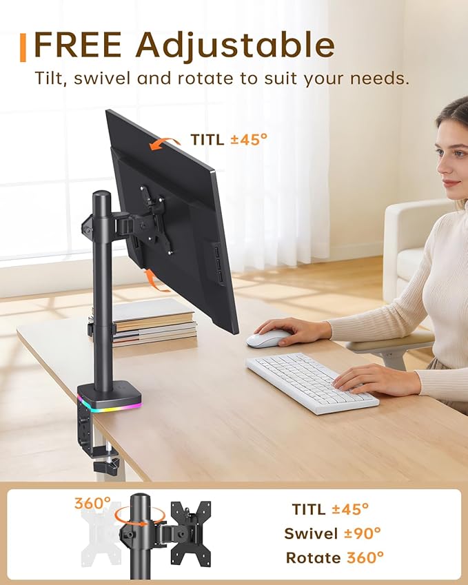 Afaloona RGB Single Monitor Desk Mount, Monitor Arm with 3 USB Ports, Charging and USB Data Transfer Function, Desk Mount for 13"-27" Monitors up to 17.6lbs, Adjustable Height, Tilt, Swivel, Rotate