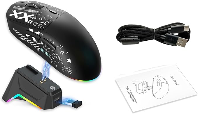 Wireless Gaming Mouse RGB Light, 3 Mode Wired 2.4G BT5.3 12000 DPI 7 Programmable Buttons, Magnetic Charging Dock for PC Laptop Gaming (Black)