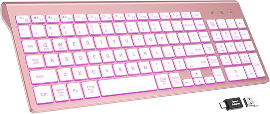 SABLUTE Wireless Keyboard with 7 Colored Backlits, Rechargeable Silent Compact Cordless Computer Keyboard with Low Profile Quiet Light Up Keys for Windows, PC, Linux, Chrome, Mac (Rose Gold)