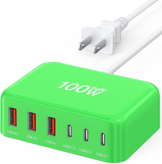 [2026 Updated] USB C Fast Charger, 100W GaN 6 Port Type C Charging Station Hub Block Cube, USB C Wall Charger Power Strip Adapter Plug for iPad iPhone 17 16 15 14 Pro Max Pixel Note Galaxy, 5ft Cord