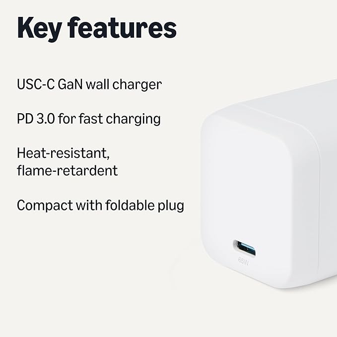 Amazon Basics Fast Charging USB C Nano GaN Wall Charger, 65W 1-Port PD 3.1 for Laptops Tablets Phones, White