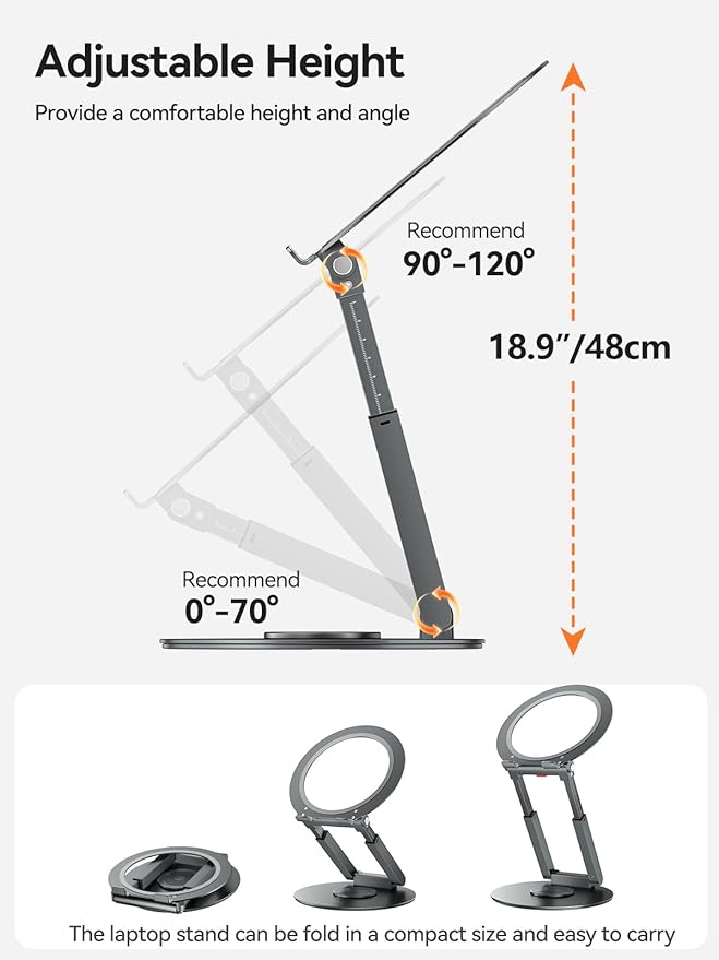 Telescopic Laptop Stand with 360° Rotation, Adjustable Height & Tilt Swivel Laptop Riser, Ergonomic Standing Desk Converter for 10-17" MacBook Pro/Air, Dell, HP – Supports up to 22lbs (Gray)