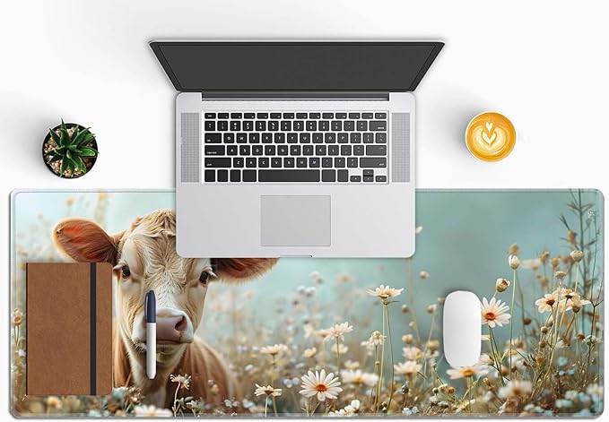 Flower and Little Cow XL Mouse Pad,Large Mouse Pad Gaming 31.5 x 11.8 in Mouse Mat Desk Pad,Extended Keyboard Mousepad Large Desk Mat with Non-Slip Rubber Base and Stitched Edge for Home Office