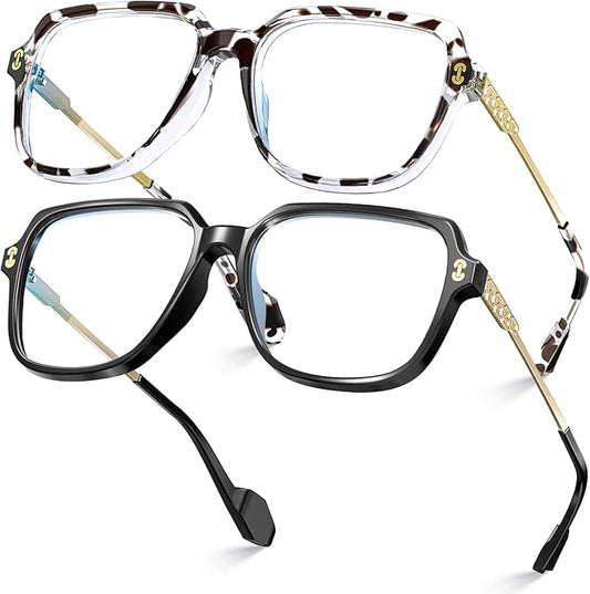 VISOONE 2 Pack Oversized Blue Light Blocking Glasses with Chic Square TR90 Frame and Metal Temple for Women Men REMY