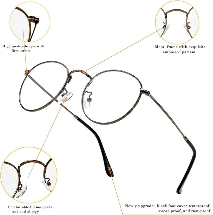HJSTES Round Blue Light Glasses for Women Men Retro Circle Clear Lens Metal Frame Eyeglasses