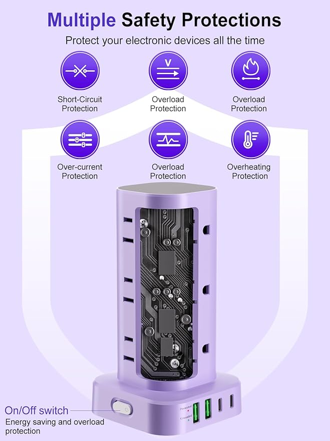Power Strip Tower with Multiple Outlets, Flat Plug Surge Protector Tower Extension Cord with 12 AC Outlets 4 USB Ports (2 USB C), 6FT Cord Power Tower Surge Protector for Home Office Dorm Room, Purple
