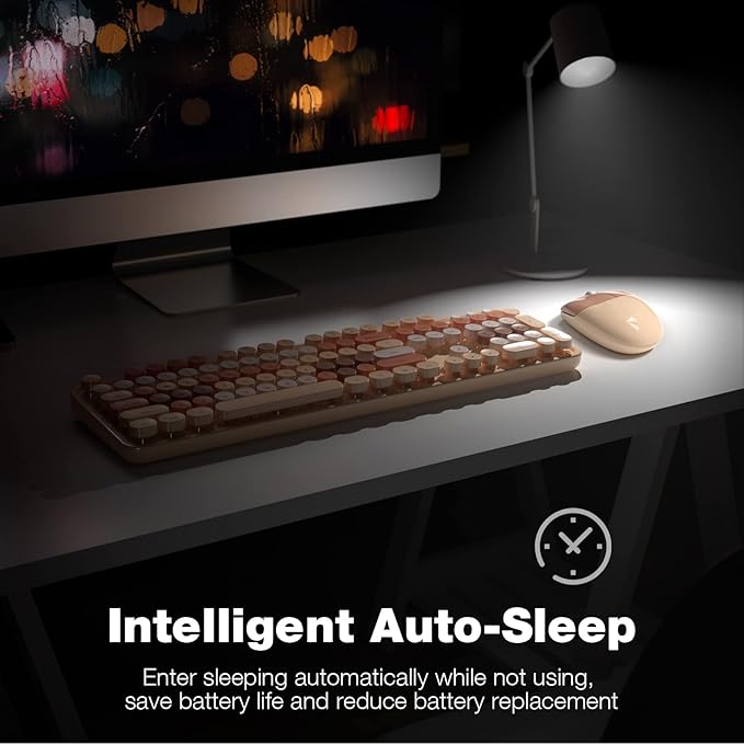 Wireless Keyboard and Mouse, 2.4Ghz USB Retro Full Size Typewriter Keyboard and Sport Car Mouse Combo for Mac, Windows 7/8/10, Laptop, Desktop, PC, Computer (Milk Tea Colorful)