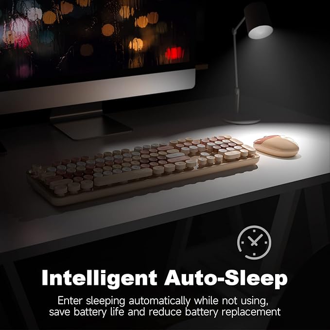MOFII Wireless Keyboard and Mouse Combo, Milk Tea Colorful Round Key Typewriter Keyboards, 2.4G Full Size Keyboard and Cute Wireless Mice, USB Receiver Plug and Play, for Laptop, PC, Windows