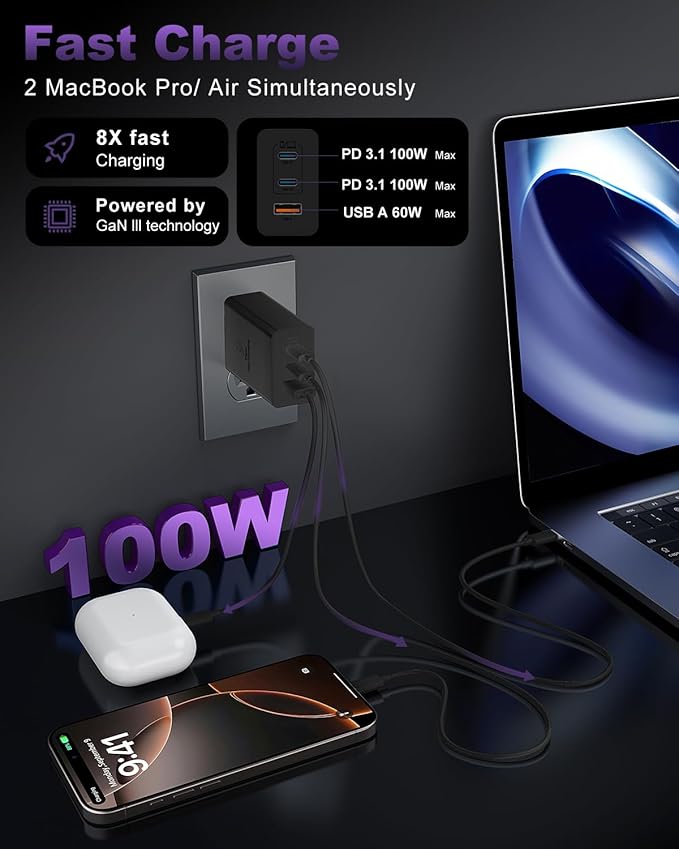 USB C Charger Block 100W, 3-Port GaN Super Fast Phone Charger, Type C 65W Laptop Chargers with 10ft USB C Charging Cable for MacBook Pro/Air,iPad Pro, iPhone 17/16, Galaxy S26 Ultra/S24[2 Pack]-Black